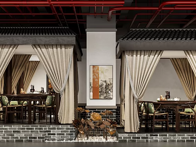Traditional Chinese Teahouse Interior With Wooden Furniture Decorative Paintings And Curtains 3d model