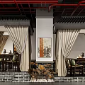 Traditional Chinese Teahouse Interior With Wooden Furniture Decorative Paintings And Curtains