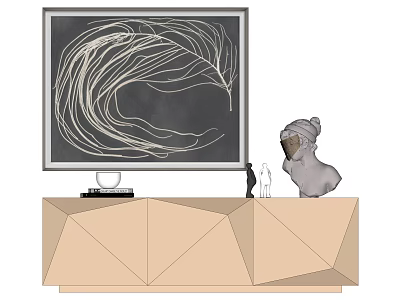 Abstract Artwork With White Lines On Black Background And Geometric Cabinet With Sculpture 3d model
