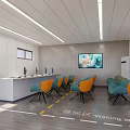 Modern Interior Space With Wooden Accent Wall White Table Orange Blue Chairs And TV Screen