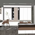Minimalist Tatami Bedroom Interior Design With Storage Cabinets Desk Chair And Green Plant