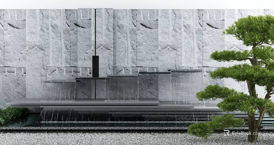 Modern Natural Stone Feature Wall With Flowing Water And Pine Tree 3d model