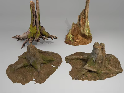 Natural Stone and Wood Tree Stumps With Moss Covered Roots And Earthy Texture 3d model