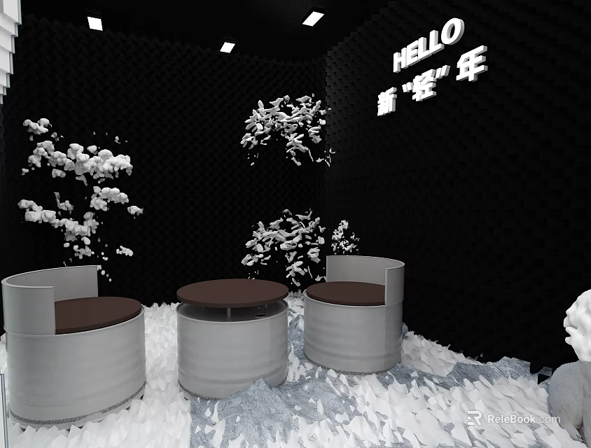 Modern Café With Black Walls White Decorative Flowers Round Tables HELLO Sign And Snowy Decor 3d model 