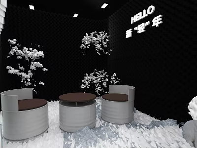 Modern Café With Black Walls White Decorative Flowers Round Tables HELLO Sign And Snowy Decor 3d model