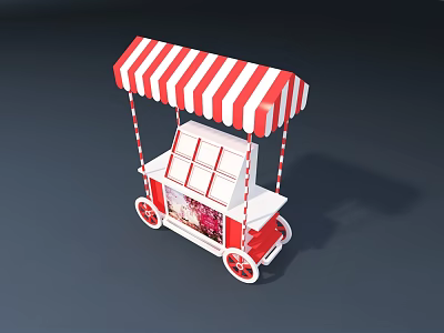 Functional Mobile Cart With Red And White Striped Awning Display Shelf And Wheels 3d model