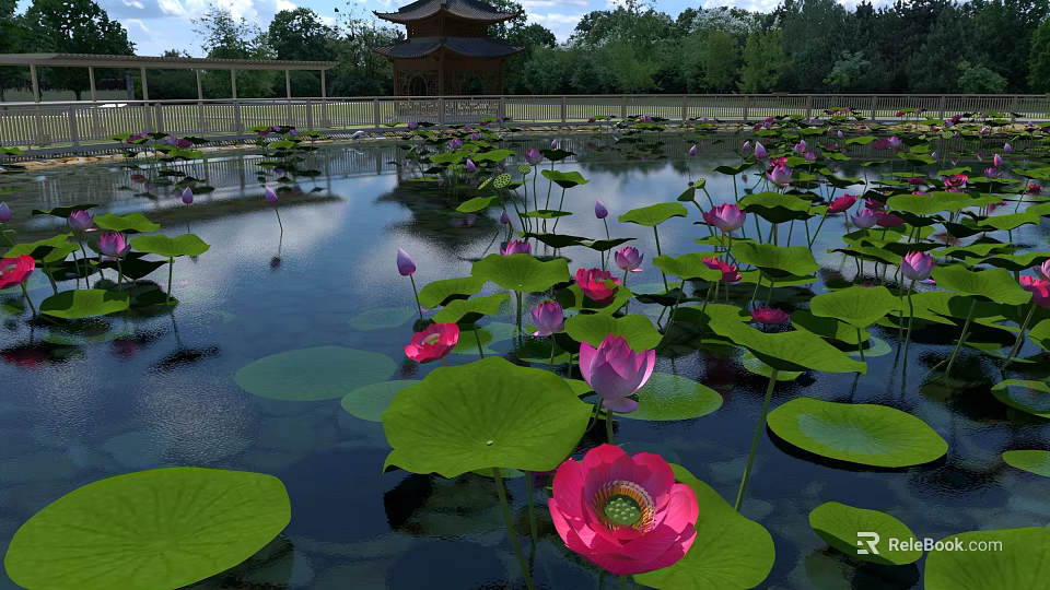 Beautiful Scenic Pond With Pink Lotus Flowers Green Leaves Chinese Style Tower And Trees 3d model 