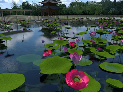 Beautiful Scenic Pond With Pink Lotus Flowers Green Leaves Chinese Style Tower And Trees 3d model