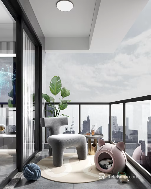 Modern Home Balcony Design With Large Leaf Plant Comfortable Chair And City View 3d model 