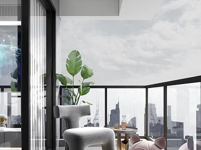 Modern Home Balcony Design With Large Leaf Plant Comfortable Chair And City View 3d model