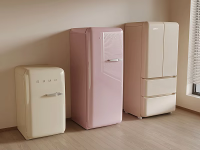 Vintage Refrigerators in Cream Pink and Light Pink Against Light Wall with Wooden Floor 3d model
