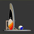 Surfboard Stand With Beach Ball Discs And Outdoor Sports Equipment Setup