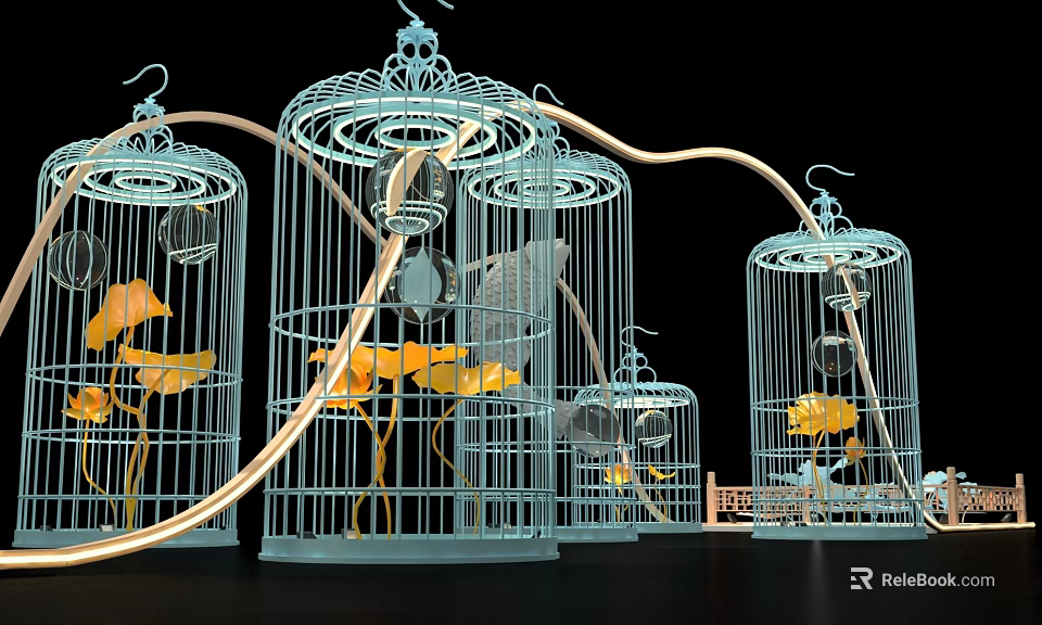 Decorative Blue Birdcages Connected by Vines with Yellow Leaves and Small Items 3d model 