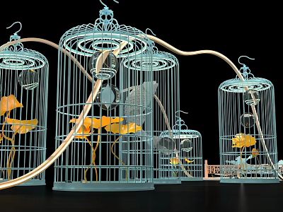 Decorative Blue Birdcages Connected by Vines with Yellow Leaves and Small Items 3d model