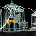 Decorative Blue Birdcages Connected by Vines with Yellow Leaves and Small Items