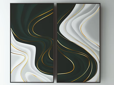 Abstract Wall Art With Green White Gold Curved Wavy Patterns Modern Design 3d model