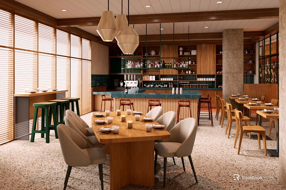 Modern Bar Interior With Wooden Tables Chairs And Lighting 3d model 