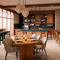 Modern Bar Interior With Wooden Tables Chairs And Lighting