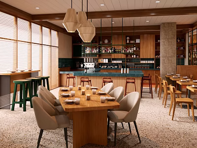 Modern Bar Interior With Wooden Tables Chairs And Lighting 3d model