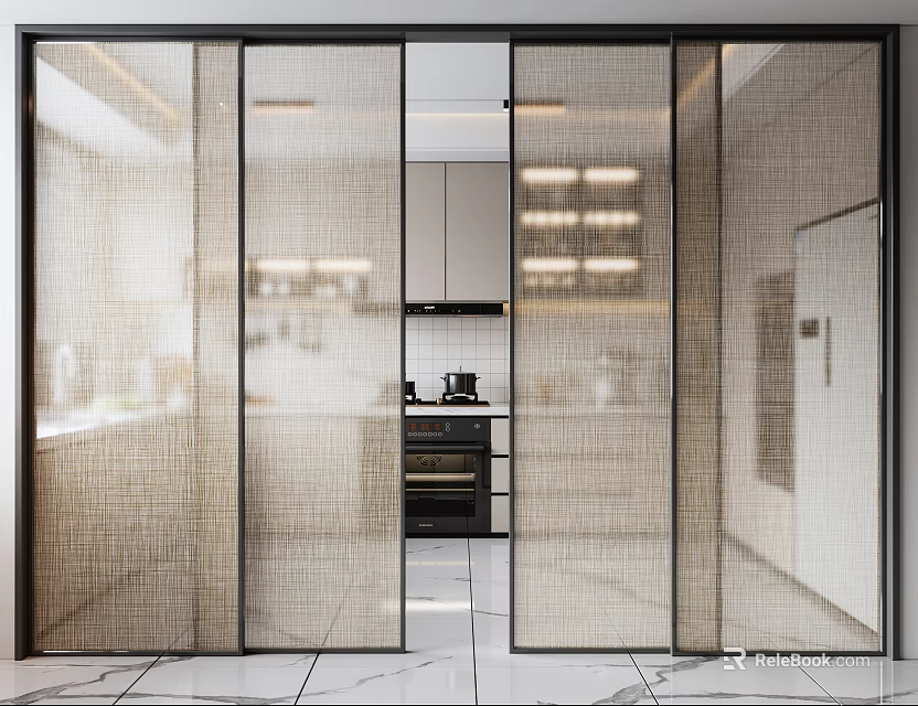 Modern Interior With Stylish Glass Sliding Doors Separating Kitchen And Living Area 3d model 