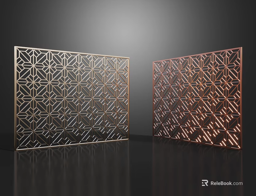 Modern Interior Decorative Room Divider With Geometric Metal Patterns In Black And Copper 3d model 