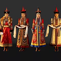 Group of Women Wearing Traditional Mongolian Colorful Robes Hats and White Scarves