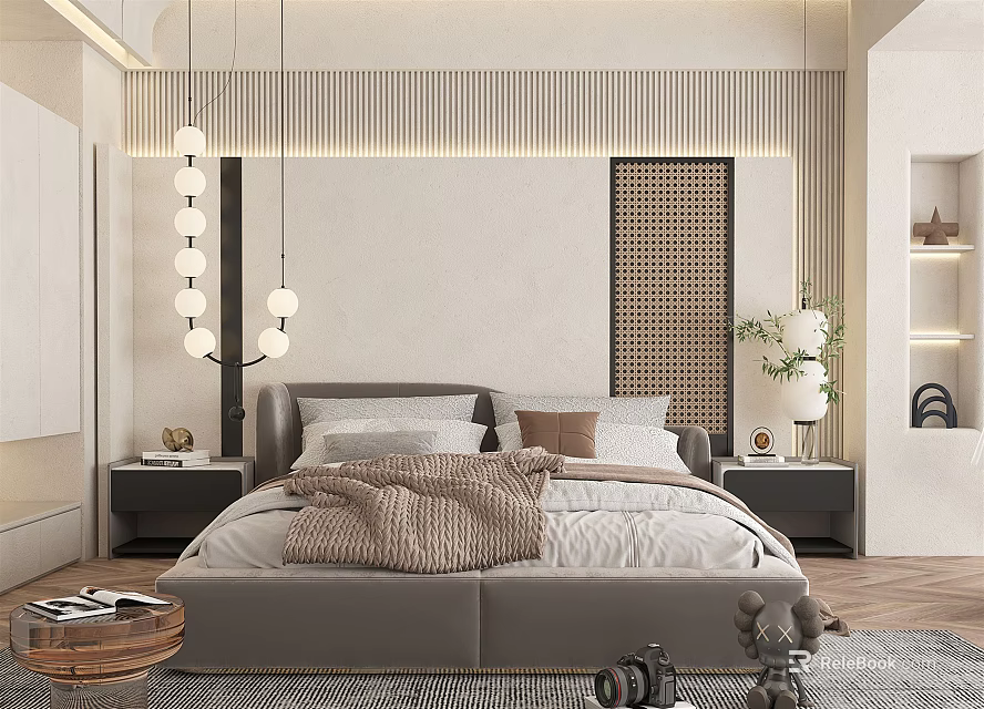 Modern Bedroom Interior With Gray Headboard White Pillows Brown Blanket And Vertical Striped Wall 3d model 