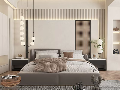 Modern Bedroom Interior With Gray Headboard White Pillows Brown Blanket And Vertical Striped Wall 3d model