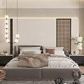 Modern Bedroom Interior With Gray Headboard White Pillows Brown Blanket And Vertical Striped Wall