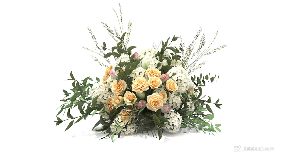 Elegant Floral Display With Beige Roses White Flowers And Green Foliage 3d model 