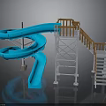 Blue Spiral Water Slide Structure With Wooden Railings And Metal Stairs
