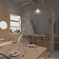 Rustic Restaurant Interior With Wooden Tables Wicker Chairs Circular Window And Gray Concrete Brick Walls