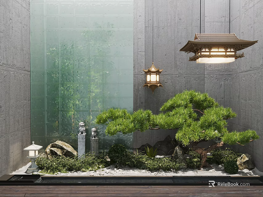 Zen Courtyard Garden Design With Bonsai Pine Tree Stone Lanterns Rock Features And Moss 3d model 