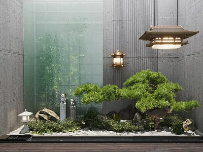 Zen Courtyard Garden Design With Bonsai Pine Tree Stone Lanterns Rock Features And Moss 3d model