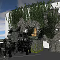 Garden Ornamental Rock Formations With Lush Green Vines And Small Decorative Features
