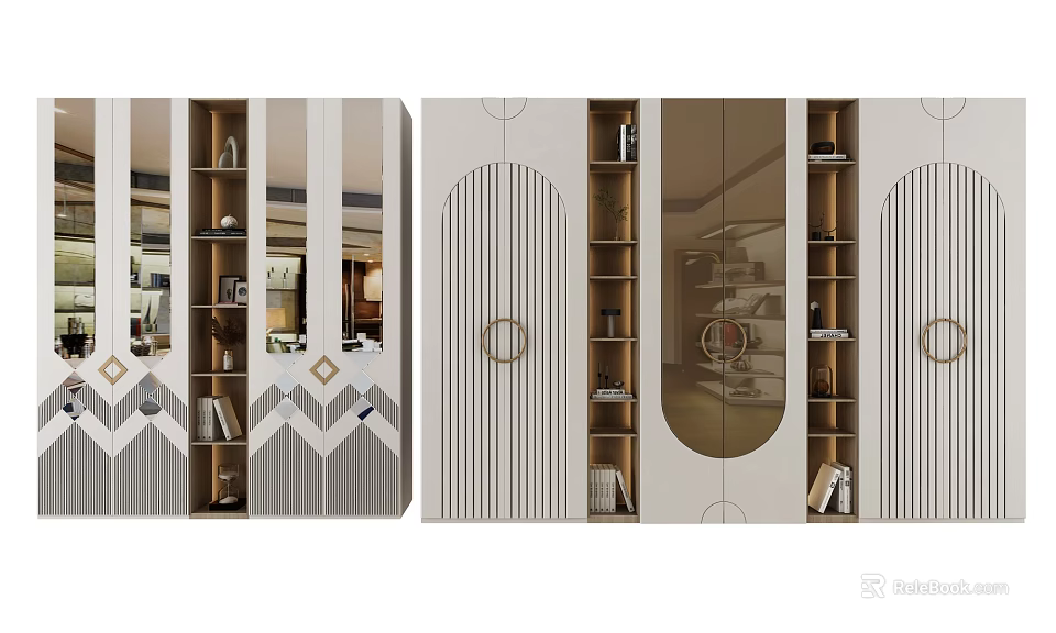 Modern Wardrobe Design With Mirrored Doors Storage Shelves And Decorative Patterns 3d model 