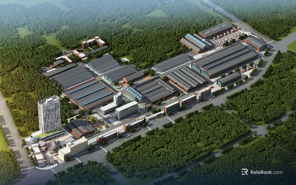 Large Scale Modern Industrial Factory Complex With Multiple Buildings And Greenery 3d model 