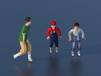 Three Children Running In Different Outfits Green Top Khaki Shorts Red Overalls Gray Jacket 3d model
