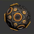 Futuristic Black Yellow Red Mechanical Robot With Spherical Head And Spiked Base