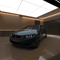 Blue Sports Coupe With Front Headlights In Modern Illuminated Garage And Yellow Parking Lines