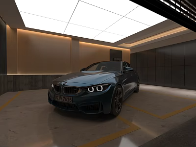 Blue Sports Coupe With Front Headlights In Modern Illuminated Garage And Yellow Parking Lines 3d model