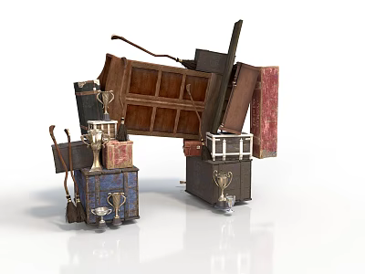 Vintage Object Collection Featuring Wooden Boxes Trophies Old Books And Leather Suitcase 3d model