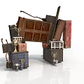 Vintage Object Collection Featuring Wooden Boxes Trophies Old Books And Leather Suitcase