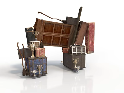 Vintage Object Collection Featuring Wooden Boxes Trophies Old Books And Leather Suitcase 3d model