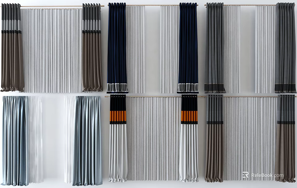 Various Stylish Curtains In Gray Navy Brown With Striped Patterns And Modern Design 3d model 