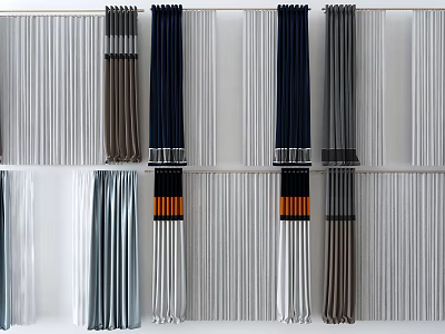 Various Stylish Curtains In Gray Navy Brown With Striped Patterns And Modern Design 3d model