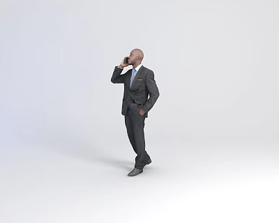 Bald Model in Suit with Hand in Pocket Holding Phone to Ear on White Background 3d model