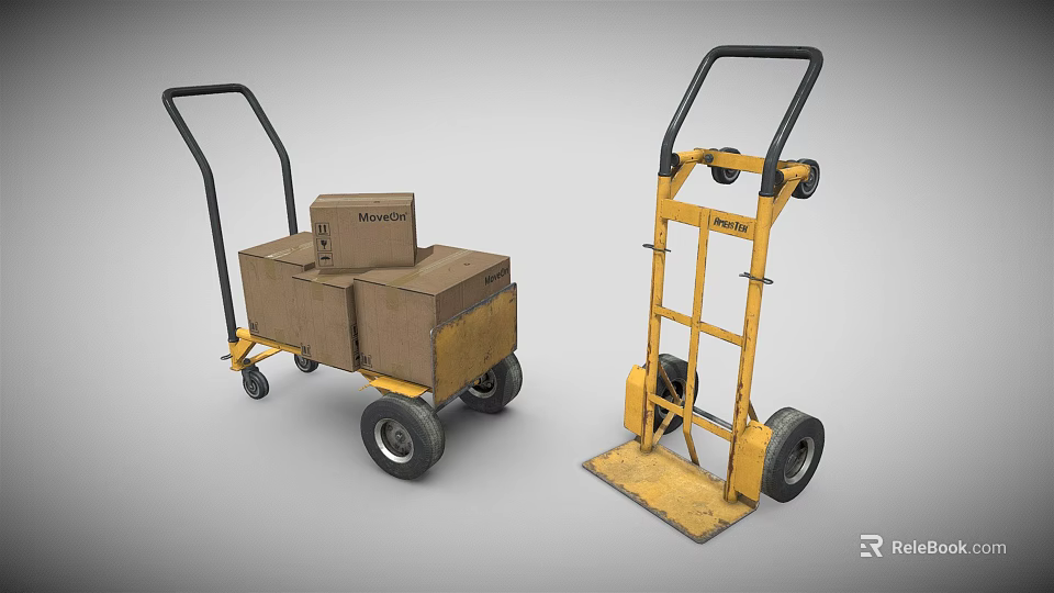 Two Heavy Duty Transport Trolleys With Cardboard Boxes And Yellow Frame Wheels 3d model 