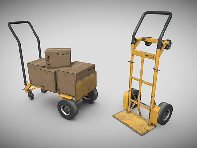 Two Heavy Duty Transport Trolleys With Cardboard Boxes And Yellow Frame Wheels 3d model