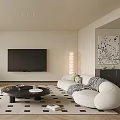 Modern Living Room Interior With Green Armchair White Sofa Black Coffee Table TV And Plant